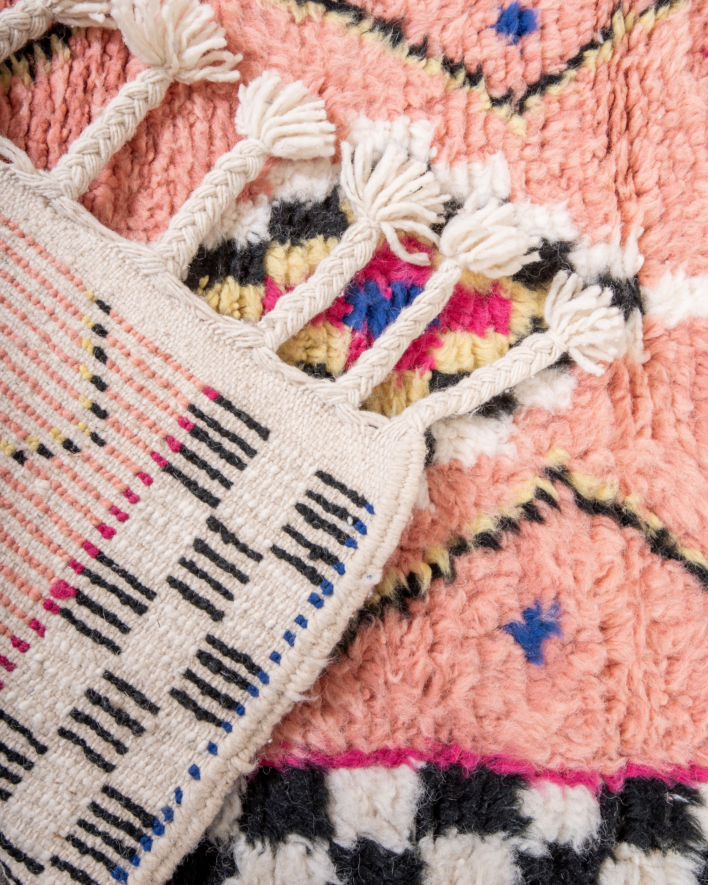 Modern, designer, handcrafted Berber rug from Morocco. Beniourain carpet with beautiful colors and patterns and fluffy wool texture.